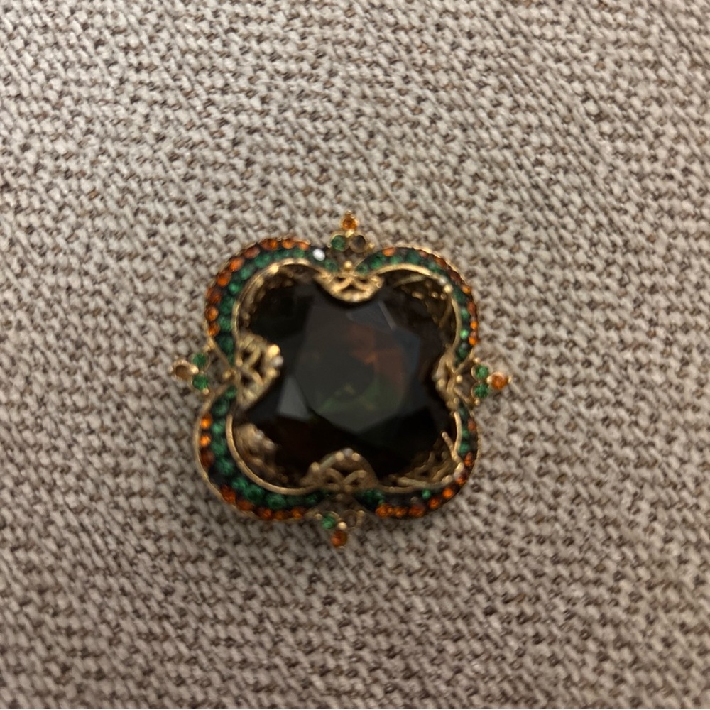 Coro Gold Brooch with Green and Orange Details
